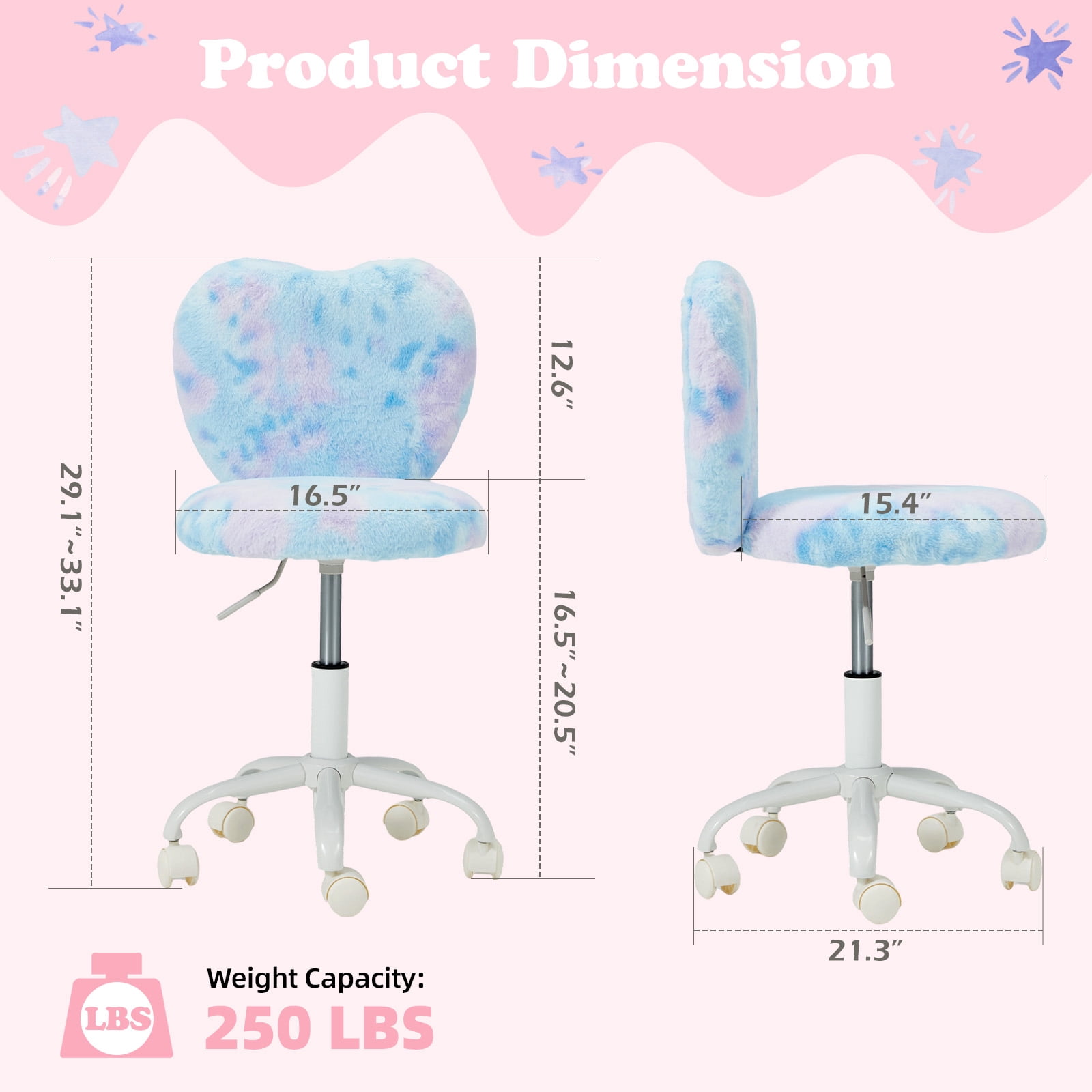 Vicluke Kids Desk Chair with Wheels Adorable Fluffy Girls Desk Chair with Heart-Shaped Backrest Design Adjustable Seat Height for Bedrooms & Study Rooms, Dreamy Blue
