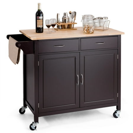 New Wood Store Costway Modern Rolling Kitchen Cart Island Wood Top Storage Trolley Cabinet Utility New ()