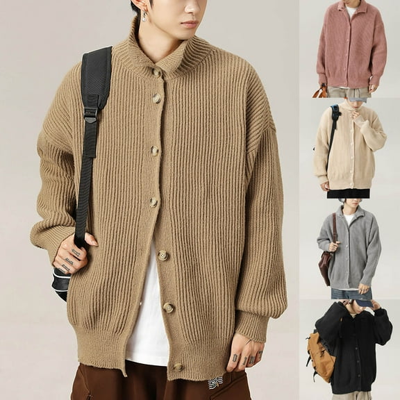 safuny Men's Classic Cardigan Sweaters Stand Collar Slim Casual Knitted Sweater long sleeve button Beige L