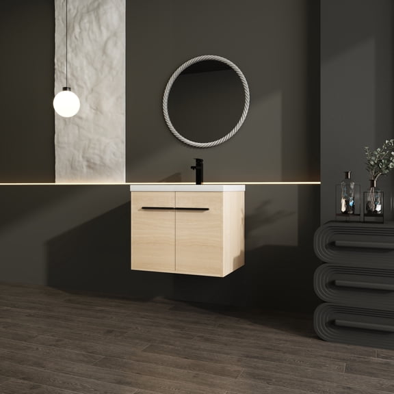 24 Inch Bathroom Vanity with Resin Countertop Sink, 2 Doors Bathroom Cabinet Set, Oak