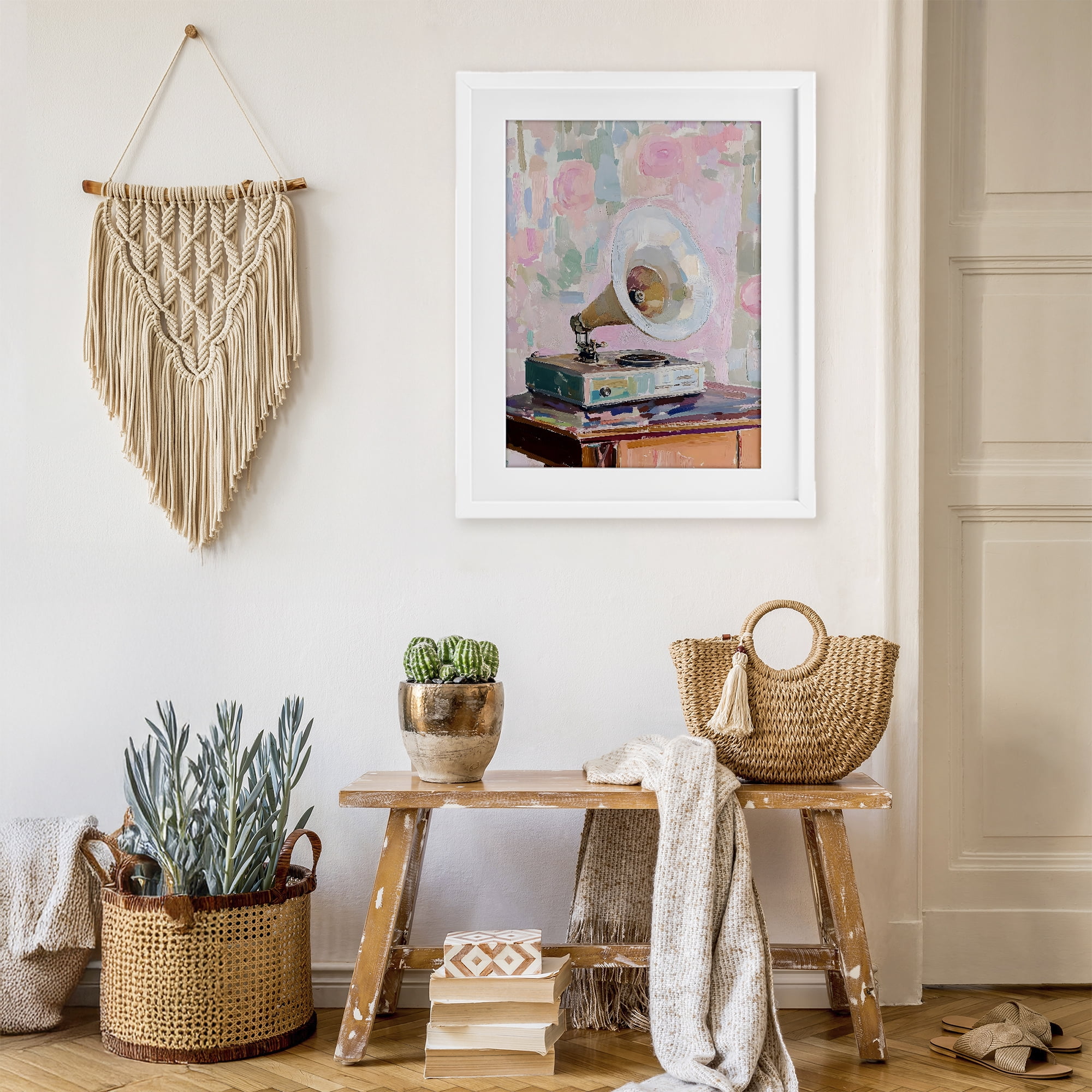 Stupell Industries Vintage Gramophone in Soft Pastels White Framed Print Under Glass, design by The Prints Vibe