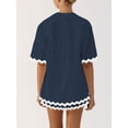 thumbnail image 5 of FEORJGP Women's 2 Piece Summer Set Lapel Neck Shirt Short Sleeve T-shirt Cardigan Button Down Ric Rac Tops + Elastic Waist Drawstring Shorts Fashion Casual Comfy Daily Outfits, 5 of 5