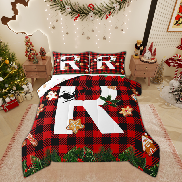 Manfei Christmas Monogrammed R Full Size Comforter Sets, Cartoon Gingerbread Man Bedding Comforter Set, Teens Kids Child Reversible Bedding Sets, Luxury Bedroom Decor, 3 Pieces