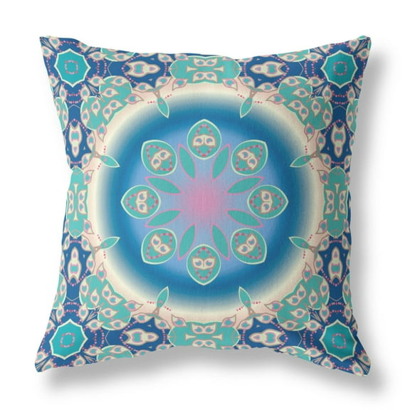 Jewel Circle Faux Suede Fabric Throw Pillow in Blue and Turquoise 20x20