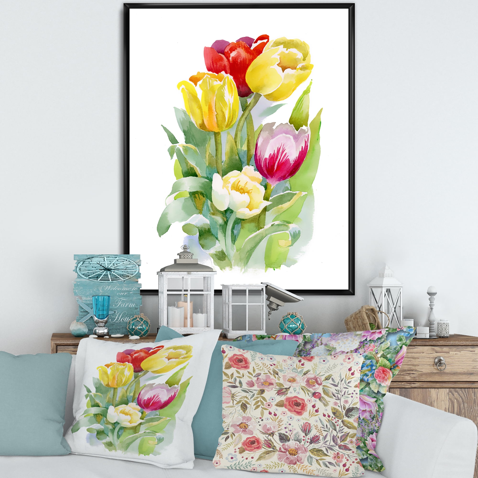 Designart 'Bouquet of Red and White Tulips' Traditional Framed Canvas Wall Art Print