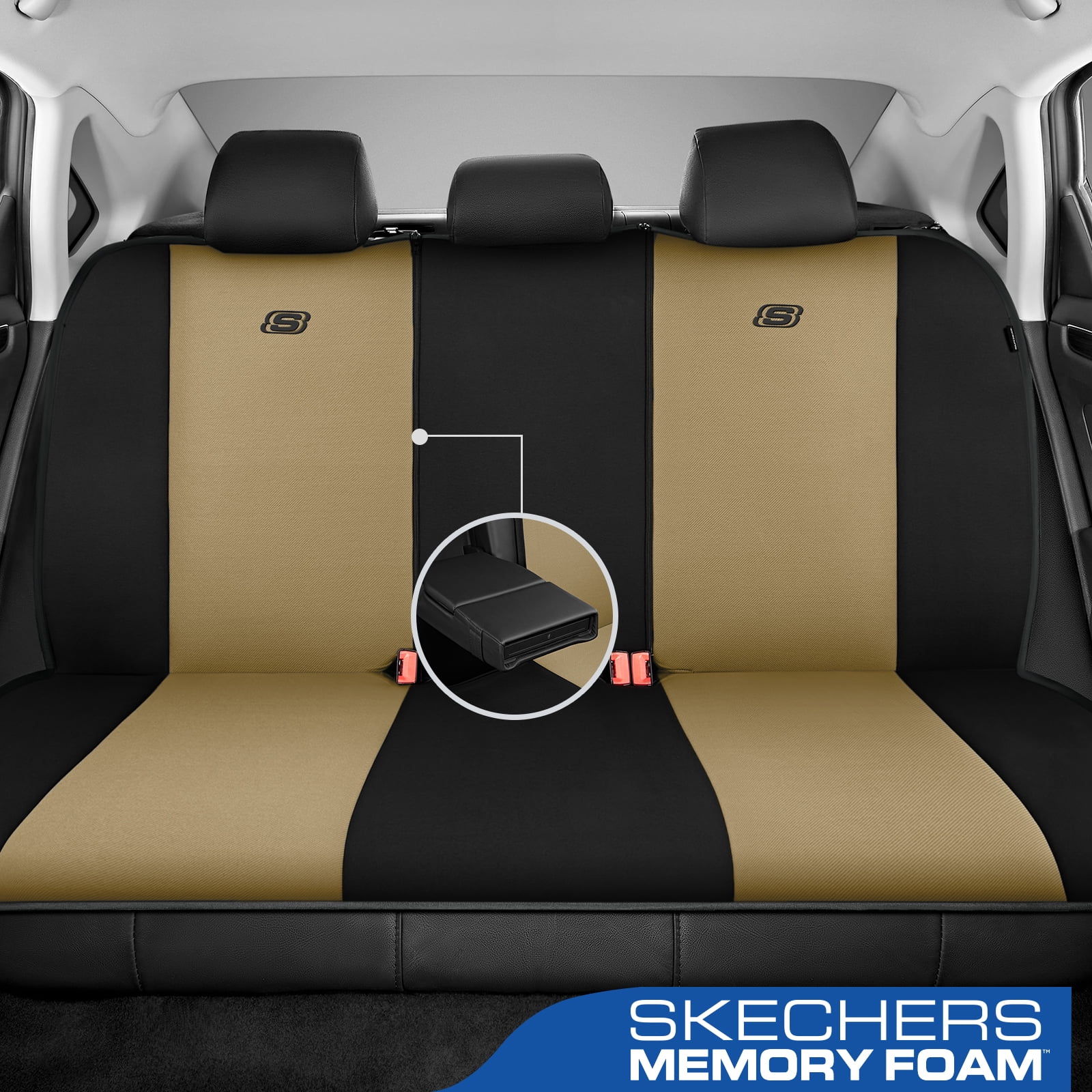 Skechers Memory Foam Fabric Car Seat Cover, Breathable, Comfortable Support, Easy Install, Stylish Design, Universal Fit for Cars and SUVs Beige