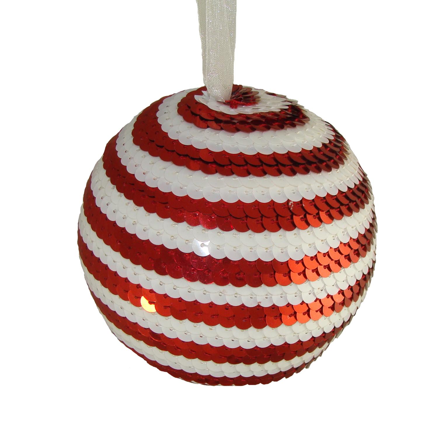 4" Peppermint Twist Red & White Candy Cane Stripe Sequin Christmas Ball
