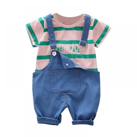 

Xinhuaya Toddler Baby Boy Girl Outfits Short Sleeve Stripe T-Shirt Suspender Pants Clothing Set 0-4 Years