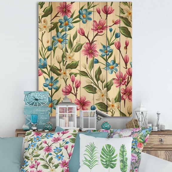 Designart 'Vintage Blue and Pink Wildflowers' Traditional Print on Natural Pine Wood