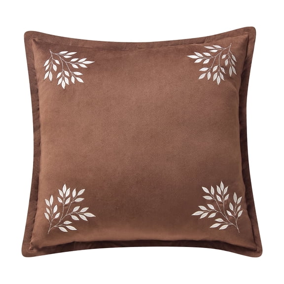 My Texas House 18 in x 18 in Brown Embroidered Leaves Velvet Decorative Pillow