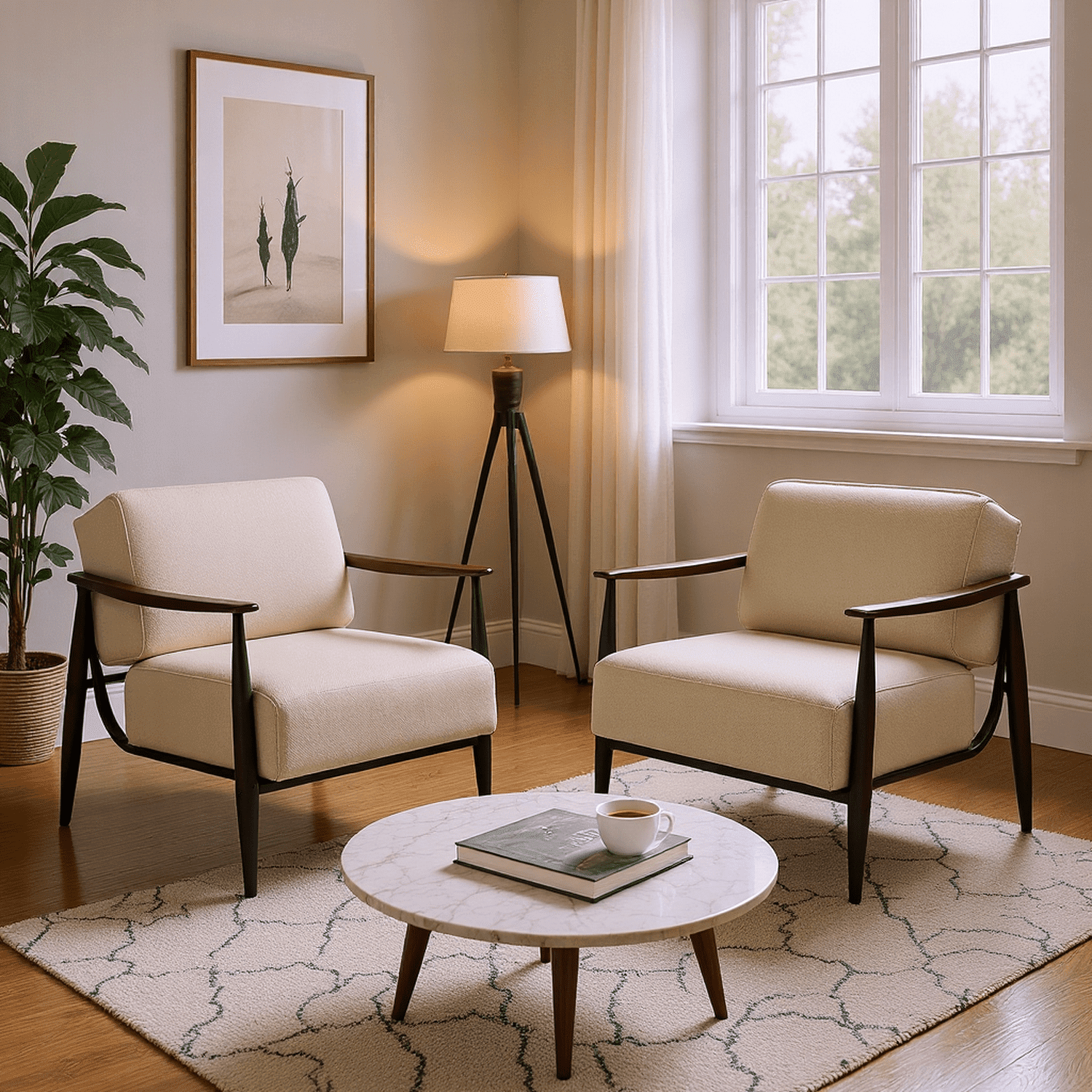Homy Casa Mid-Century Accent Chair with Dark Wood Armrests, Beige Fabric Armchair