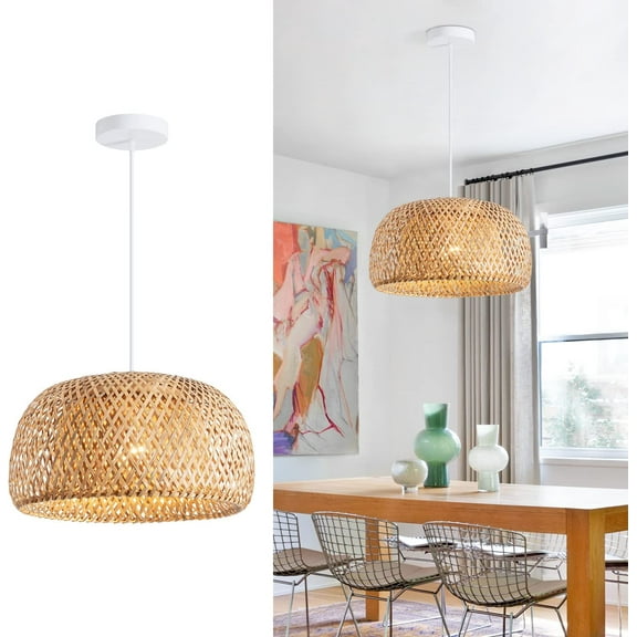 Bamboo Pendant Light 1 Light for Kitchen - 15 in Hand-Woven Natural Hanging Rattan Chandelier Basket Hanging Light Fixtures Ceiling(15 in)