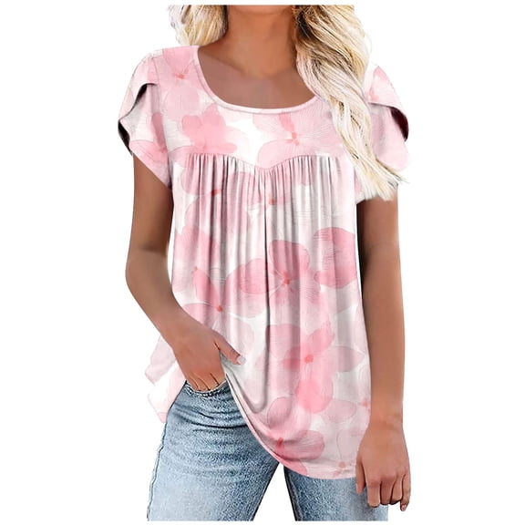 Ichuanyi Womens T Shirts Short Sleeve Tops Casual Printed Pleated Front Blouses Flowy Scooped Neck Summer Outfits Shirt Tops
