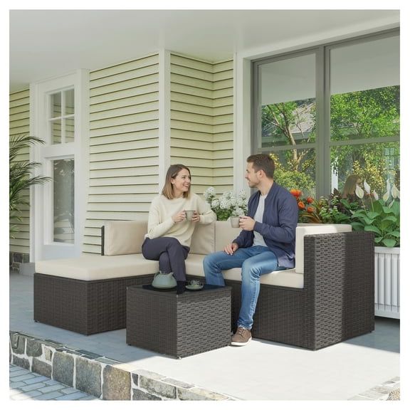 3 Piece Patio Furniture Set, Wicker Outdoor Conversation Set with Cushions & Glass Table, Beige Rattan Furniture for Patio, Garden, Balcony