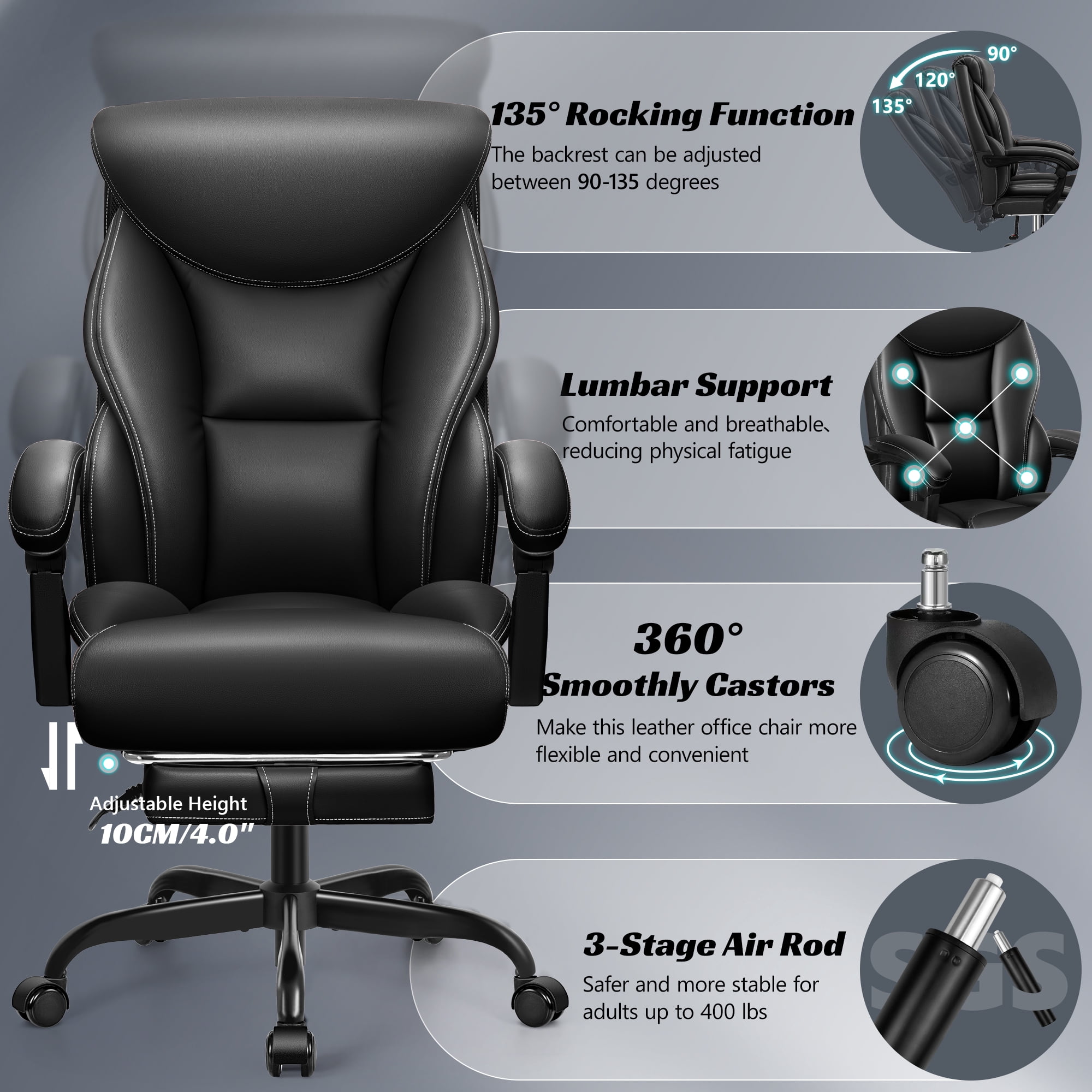 ATHOPE Leather Office Chair 400Lbs, Executive Office Chair with Footrest High Back Support, Big and Tall Ergonomic Desk Chair, Adjustment Computer Chair 360°Swivel Free, Black