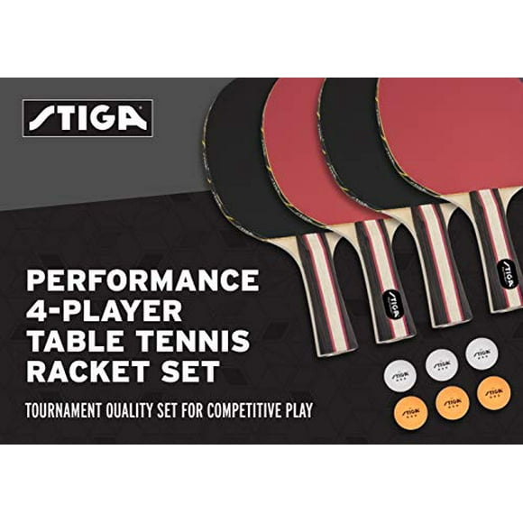 STIGA Performance 4 Player Ping Pong Paddle Set of 4 - Table Tennis Rackets, 6 - 3 Star Orange and White Balls
