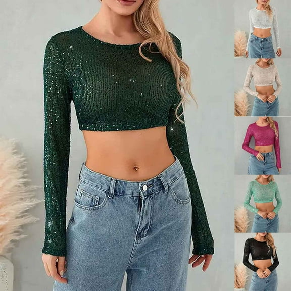 Nfurl Womens Long Sleeve Crop Tops Fashion Glitter Sequin Blouses Slim Fit Crewneck Pullover 2025 Fall Clothes for Cocktail Club Party Black L