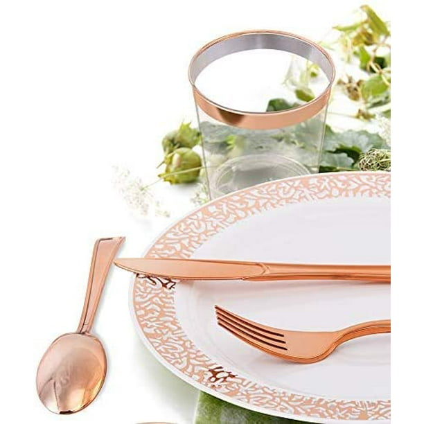 Service de vaisselle 150 pièces en or rose, assiette en plastique