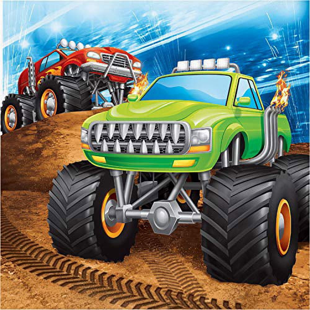 Mayflower Products Monster Truck Rally 1st Birthday Party Supplies 8 Guest Decoration Kit with Green and Red Monster Truck Balloon Bouquet