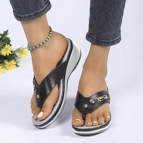 Hurxie Women's PU Leather Outdoor Thong Sandals Open Toe Gym Wedges Sandals Flip Flops Black 38