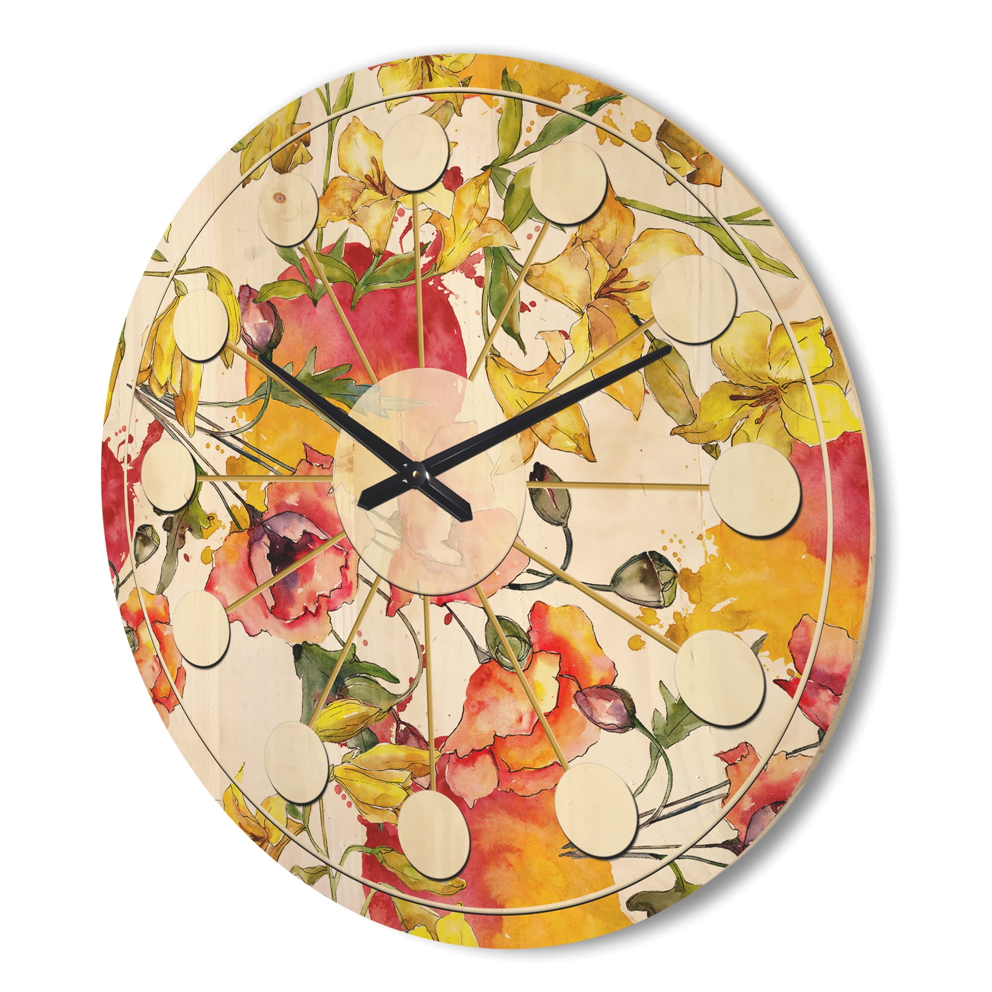 Designart 'Retro Abstract Poppies IV' Mid-Century Modern Wood Wall Clock
