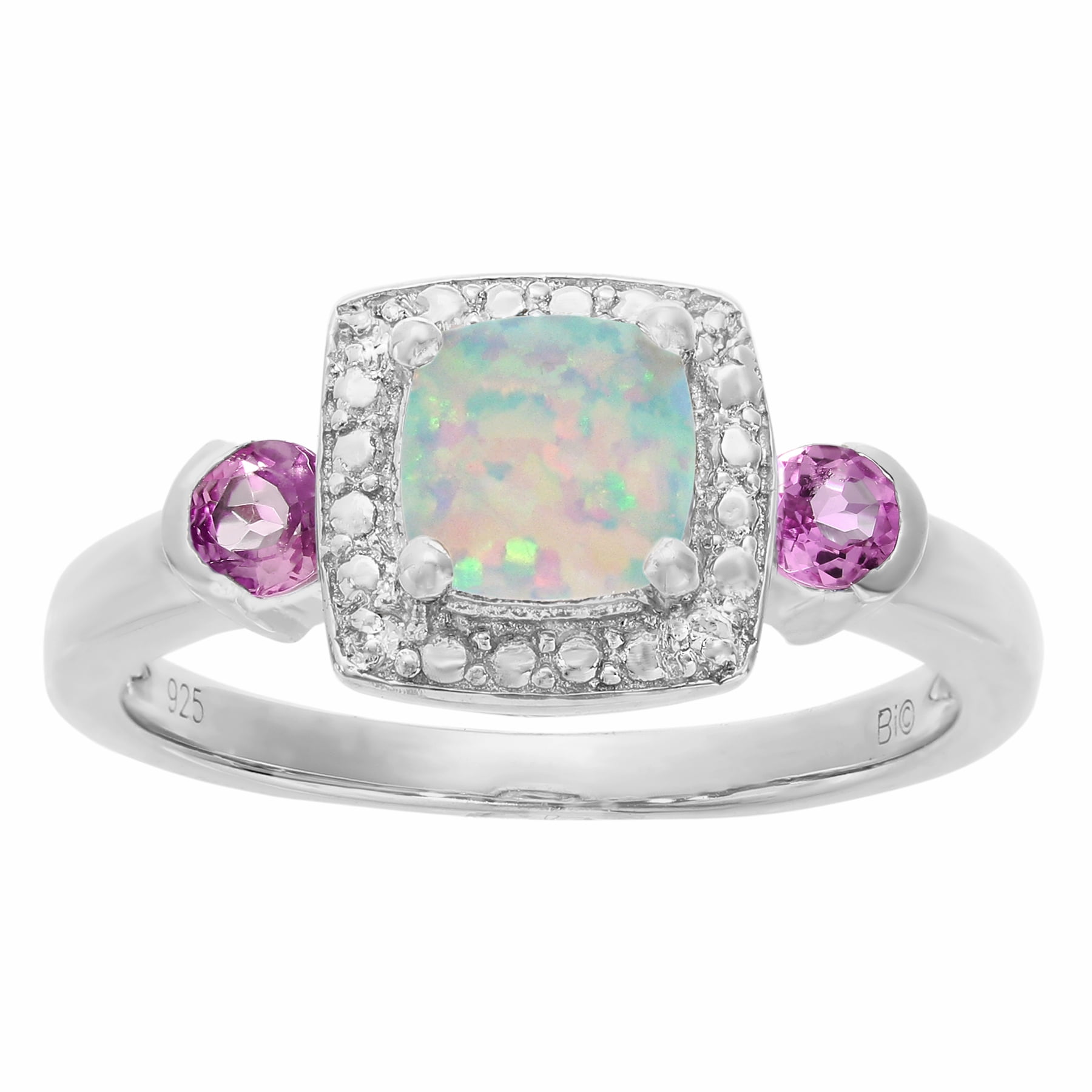 6 MM White Opal Pink Sapphire .02 cttw Diamond Silver Ring Size 7 by Metro Jewelry