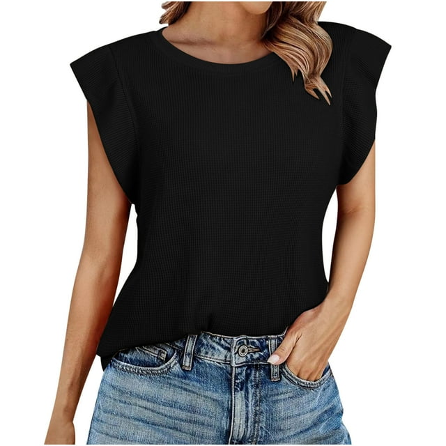 Tank Top for Women, Sleeveless Loose Fit with Ruffle Sleeves, Lightweight Waffle Knit Fabric, Casual Summer Spring Wear