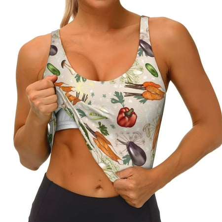 Qokaie Cute Vegetables Pattern Womens Scoop Neck Sports Bra Breathable Workout Vest Padded U Back Medium Impact Fitness Gym Yoga Bra Workout Crop Top