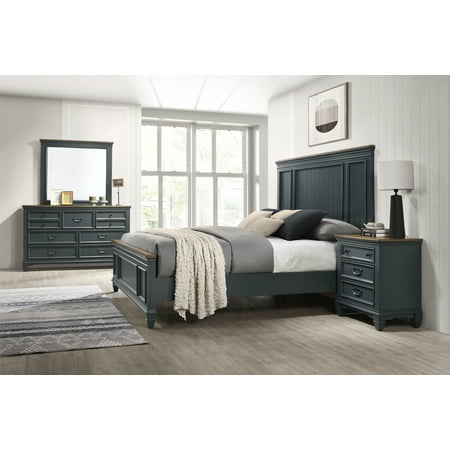 Roundhill Furniture Clelane Wood Bedroom Set with Shiplap Panel King Bed Dresser Mirror and Nightstand in Slate Blue
