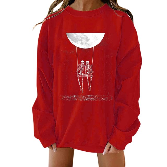 Sudadera holgada de manga larga con cuello redondo y estampado clásico de Halloween para mujer Pompotops FGAJ19208