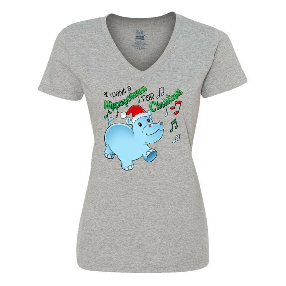 Inktastic I Want a Hippopotamus for Christmas Hippo in Santa Hat Women's V-Neck T-Shirt