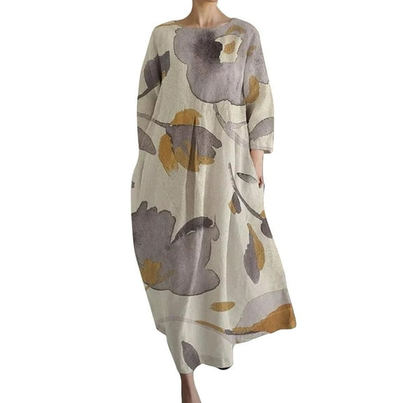 Baqcunre Long Sleeve Dress for Women Women's Loose Round Neck Fashion Senior Long Sleeve Printed V Neck Dress Dresses for Women 2024 Summer Dresses for Women 2024 Womens Dresses Beige L