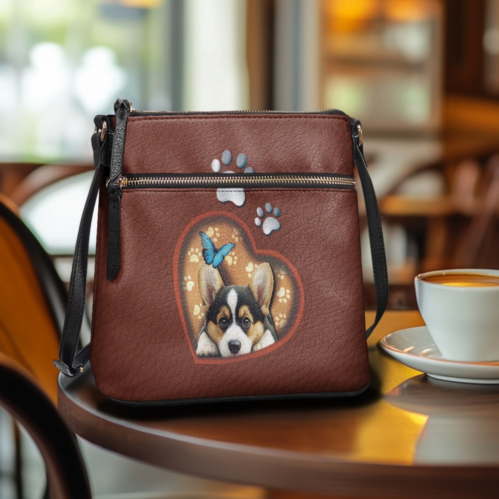 LedBack Corgi Print Leather Shoulder Handbag for Women, Crossbody Sling Hobo Bag Satchel Handbag with Adjustable Strap Casual Messenger Bag for Travel Work, Brown