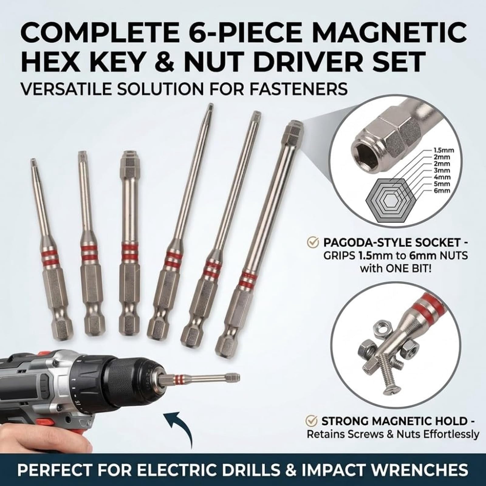 Pagoda Hex Screwdriver Bit Set, Magnetic Pagoda Hex Bits, 6-Piece Pagoda-Shaped Drill Bit Set, High-Magnetic Screwdriver Drill Bit Set for Electric Drill Wrench DIY Repair