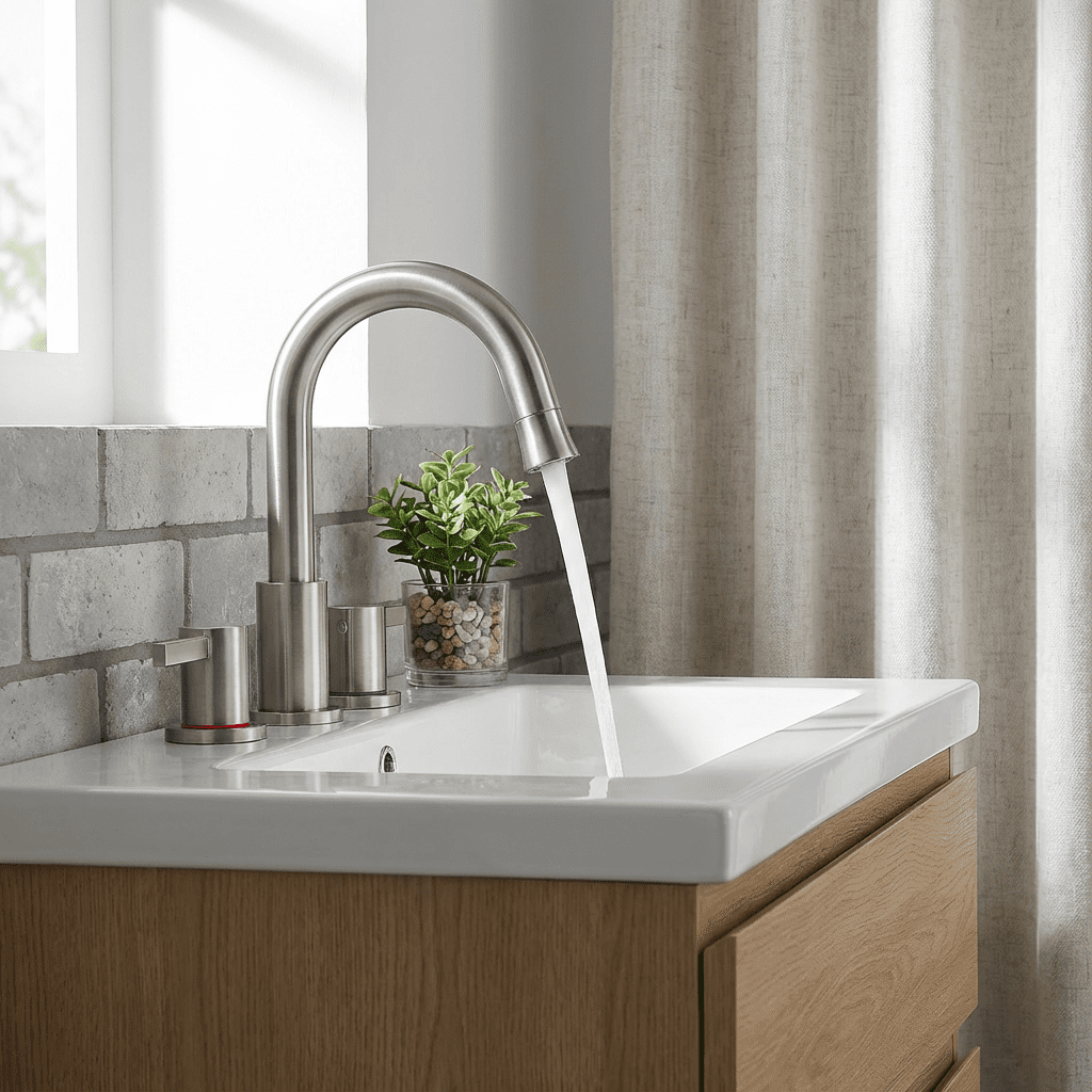 Brushed Nickel 3-Hole Bathroom Faucet, Dual 304 Stainless Steel Handles, Modern Lead-Free Ceramic Valve Faucet, 1.5 GPM Straight Spout for Sink