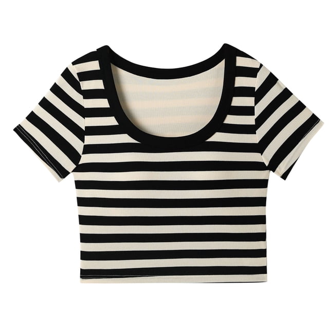 Haut à Rayures à Manches Courtes et Col Rond pour Filles avec Coussin de Poitrine, Mélange Doux de Coton-polyester, Vêtement de Sport Respirant, Usage Quotidien Décontracté, pour les 14–20 Ans