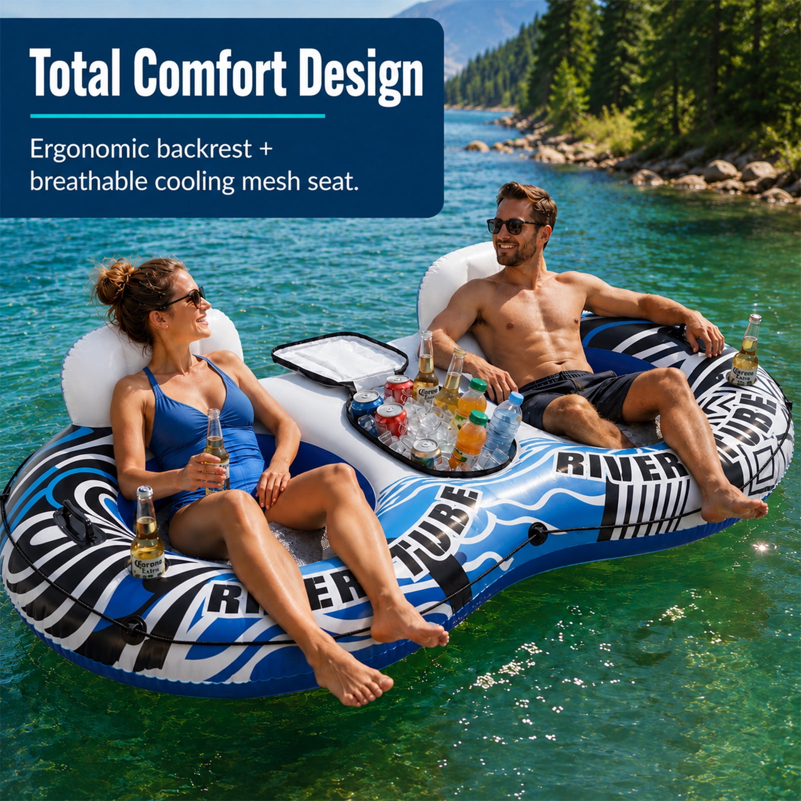 Alvantor 2 Person Inflatable River Tube Float, Heavy Duty River Float for Adults with Removable Cooler, Cup Holders, Durable Handles & GRAP Rope for Family Pool