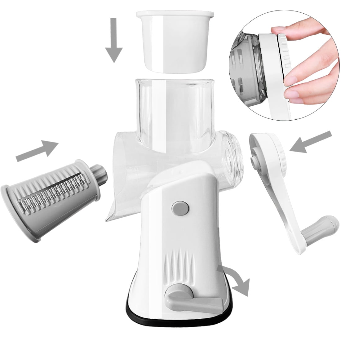 Anjinsoft Hand Crank Rotary Cheese Grater Carrot Shredder Vegetable Slicer, 5 Stainless Steel Blades, Dishwasher Safe, White