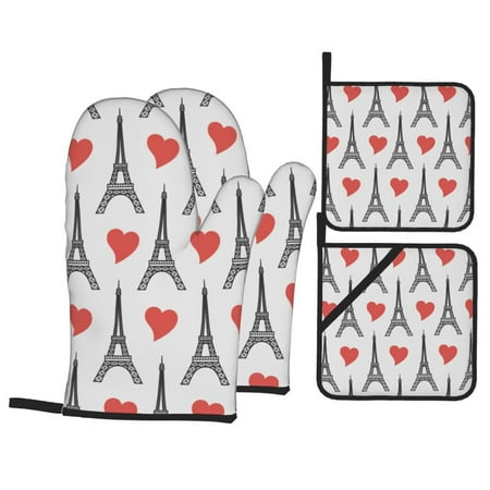 

Oven Mitts and Pot Holders 4 pcs Set heart Eiffel Tower Heat Resistant Pot Holders Oven Mitts for kitchen Non-Slip Hanging Loop Oven Glove Potholders for Baking Cooking