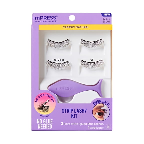 KISS imPRESS Pre-Glued Strip Lashes Kit, Classic Natural, 2 Pair Self Adhesive Eyelashes