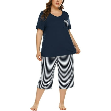 

Women s Summer Comfortable Loose Plus Size 2 Piece Top + Striped Pajama Pants
