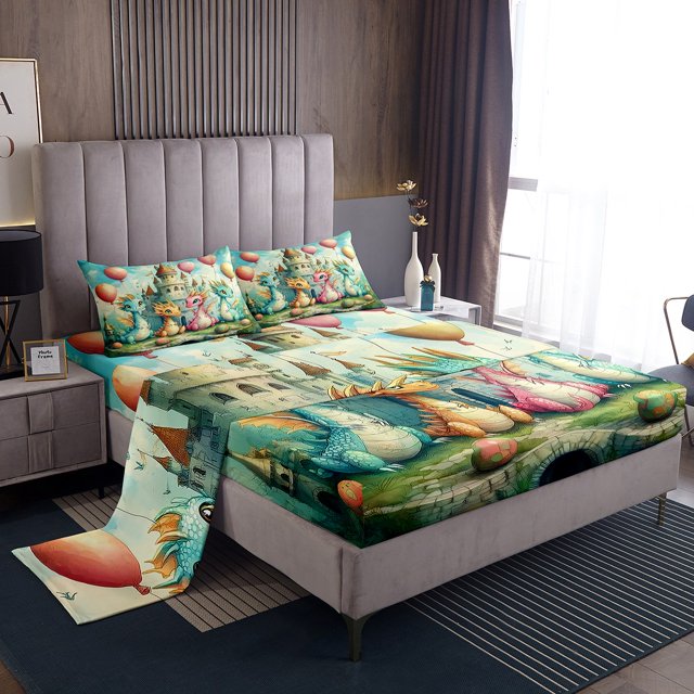 Erosebridal Cartoon Dragon Bed Sheets Set Full Size, Magical Castle Bed Sheets Full, Animal Theme Decor 4pcs