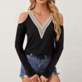 thumbnail image 5 of Scyoekwg Long Sleeve Shirts for Women V-Neck Crochet Lace Trim Cold Shoulder Tops Solid Color Women Blouses Trendy Dressy Casual Blouses Lightweight Pullover (Black,XXL), 5 of 6
