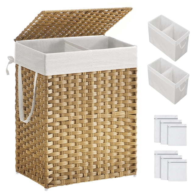 SONGMICS Cesto de la Ropa, 90 L, Cesto de Lavandería, Tejido a Mano, con Compartimentos Separados, con Tapa y Asas, Ratán Sintético, Plegable, Bolsa de Forro Extraíble, Natural MLCB251N01