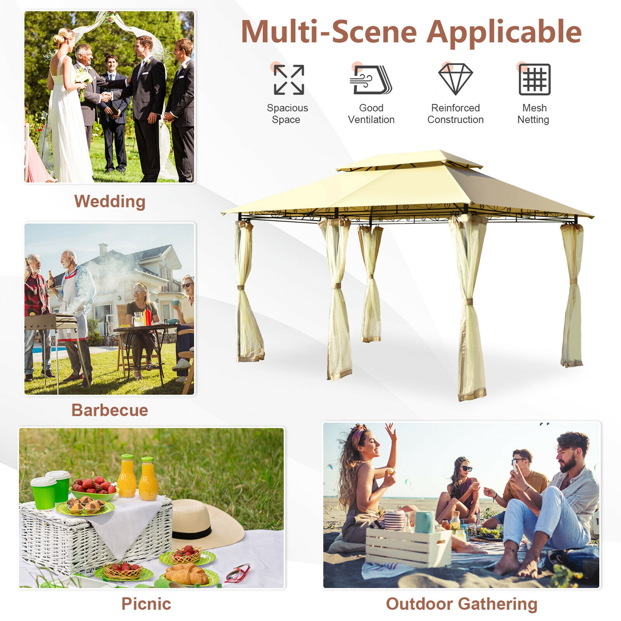 Gymax 2-Tier 10'x13' Steel Gazebo Canopy Tent Shelter Patio Garden Outdoor Netting Beige