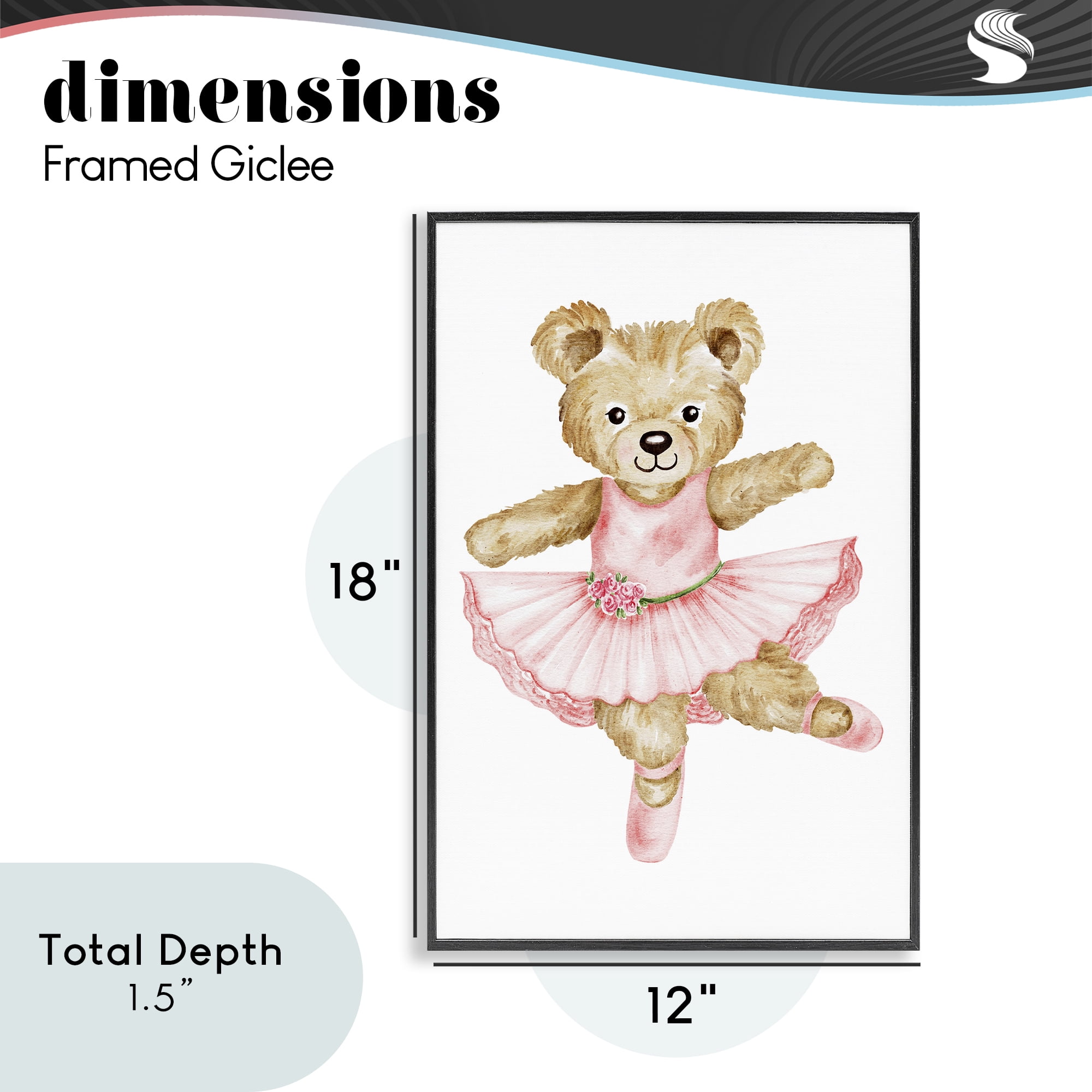 Ballerina Teddy Bear Black Framed Giclee Art, design by Amy Hall