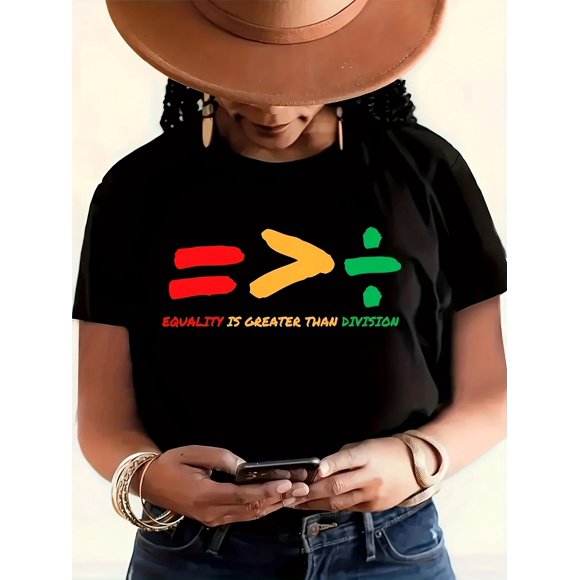 Equality Print Lettering Round Neck Casual Spandex Summer Top T-Shirt G217, up to Size 5XL