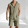 thumbnail image 2 of RYDCOT Mens Linen Sets 2 Piece Outfits Sleeveless Hooded Button Down Shirt and Shorts Set Vacation Outfit for Men Summer Beach Suits Army Green, 2 of 8