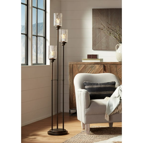 Franklin Iron Works Libby Modern Industrial Tree Floor Lamp 66" Tall Oiled Bronze Metal 3 Light Dimmable LED Amber Seedy Glass for Living Room Bedroom