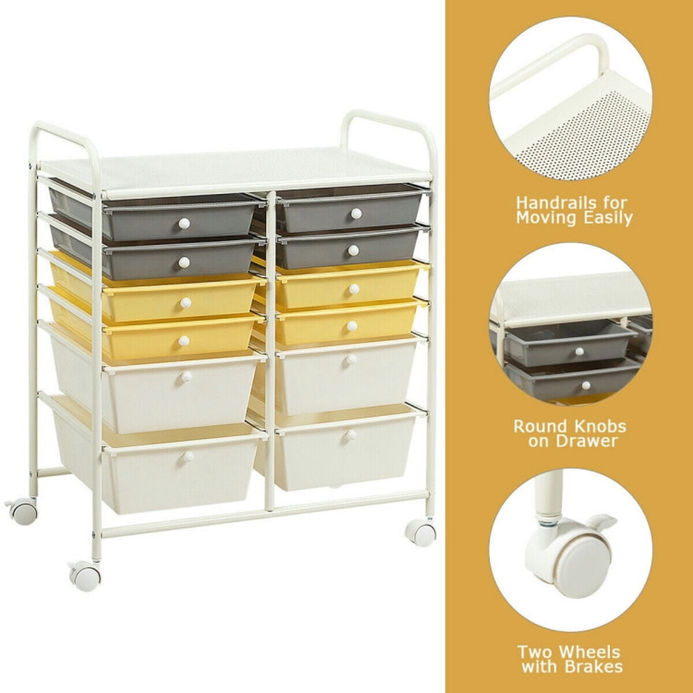 Demi Bonn 12 Drawers Rolling Cart Storage Scrapbook Paper Organizer Bins with 4 Universal Casters, Yellow & Beige & Gray